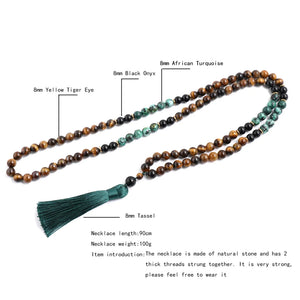 108 Bead Mala Necklace With Tassel Tiger Eye Onyx Turquoise 1005002093814530-Knotted Set