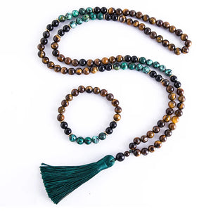 108 Bead Mala Necklace With Tassel Tiger Eye Onyx Turquoise 1005002093814530-Knotted Set