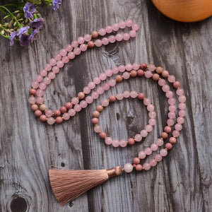 108 Bead Rose Quartz Stone Mala Necklace With Tassel Bracelet Set 1005005107013790-Set