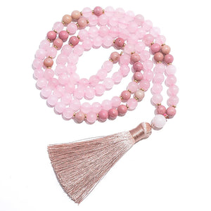 108 Bead Rose Quartz Stone Mala Necklace With Tassel Bracelet Set 1005005107013790-Set