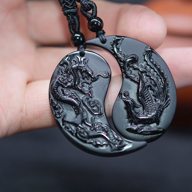 Dragon And Phoenix Yin Yang Obsidian Necklace