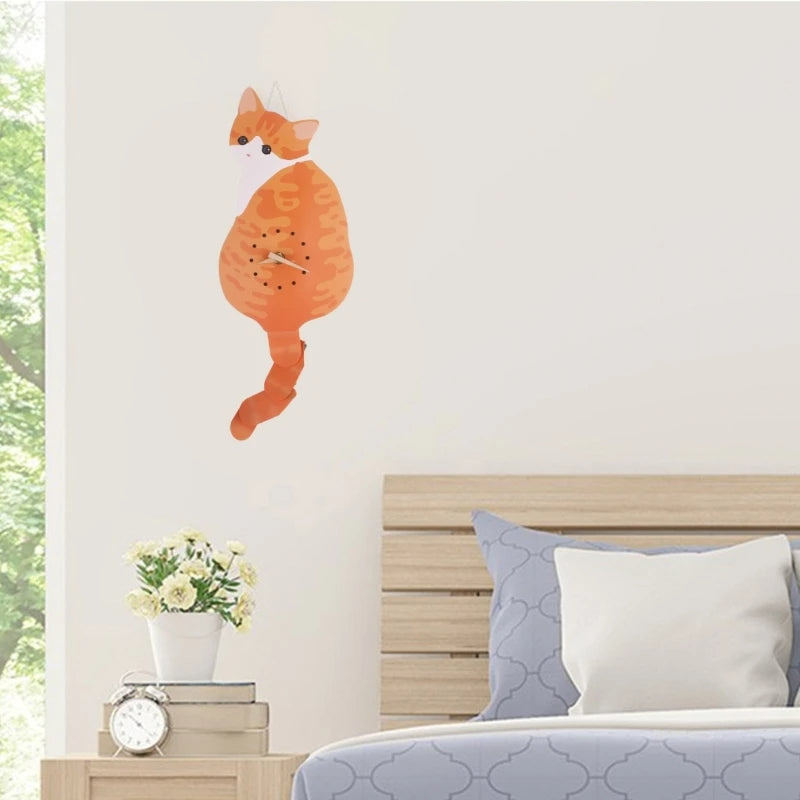 Cute Cat Wall Clock with Swinging Tail for Home Decor