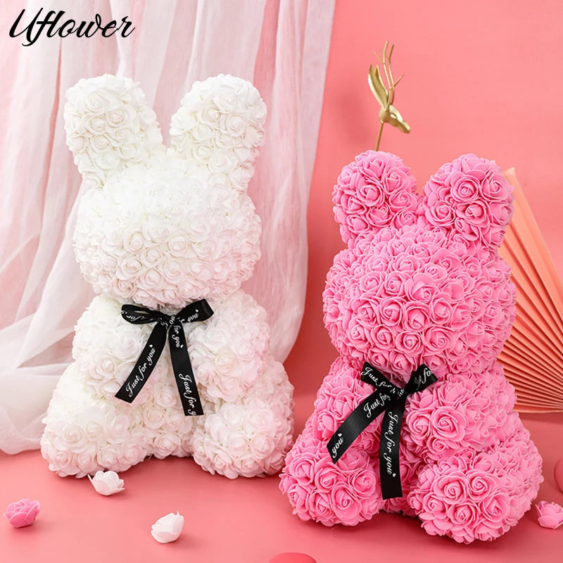 Artificial Rose Bunny Floral Decoration, Valentines Gifts For Her, 27Cm 1005008194078164-White Pink