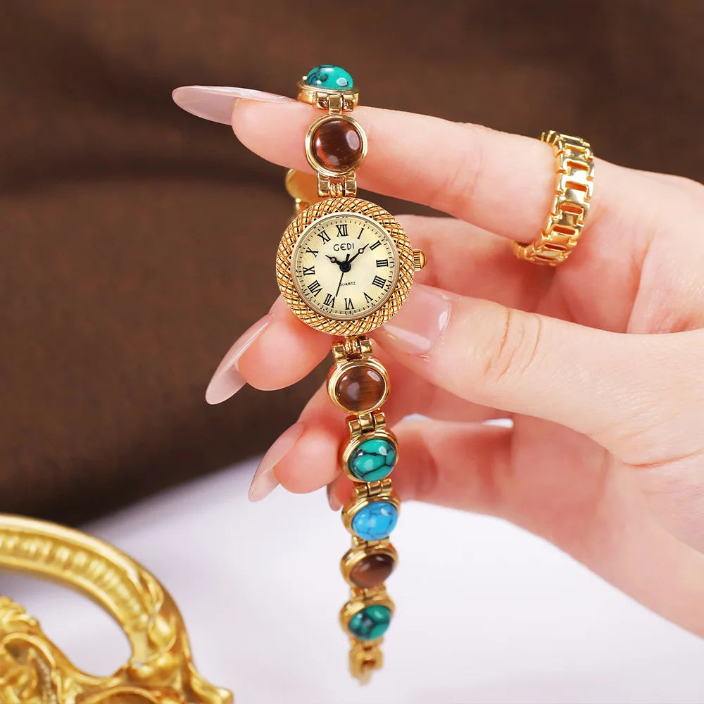 Colorful Stone Bracelet Quartz Watch, Valentines Gifts For Her Waterproof 1005009194750292-Gold blue