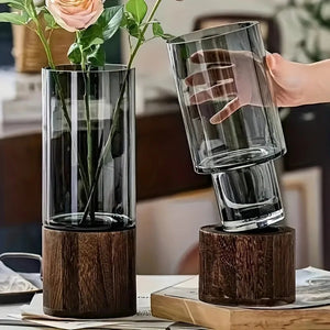 Grey Tinted Glass Decorative Vase With Dark Wood Base, Medium 1005008144997097-al
