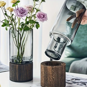 Grey Tinted Glass Decorative Vase With Dark Wood Base, Medium 1005008144997097-al