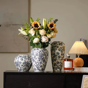 Handcrafted Blue And White Ceramic Cylinder Vase For Tabletop Decor 1005008710072928-S