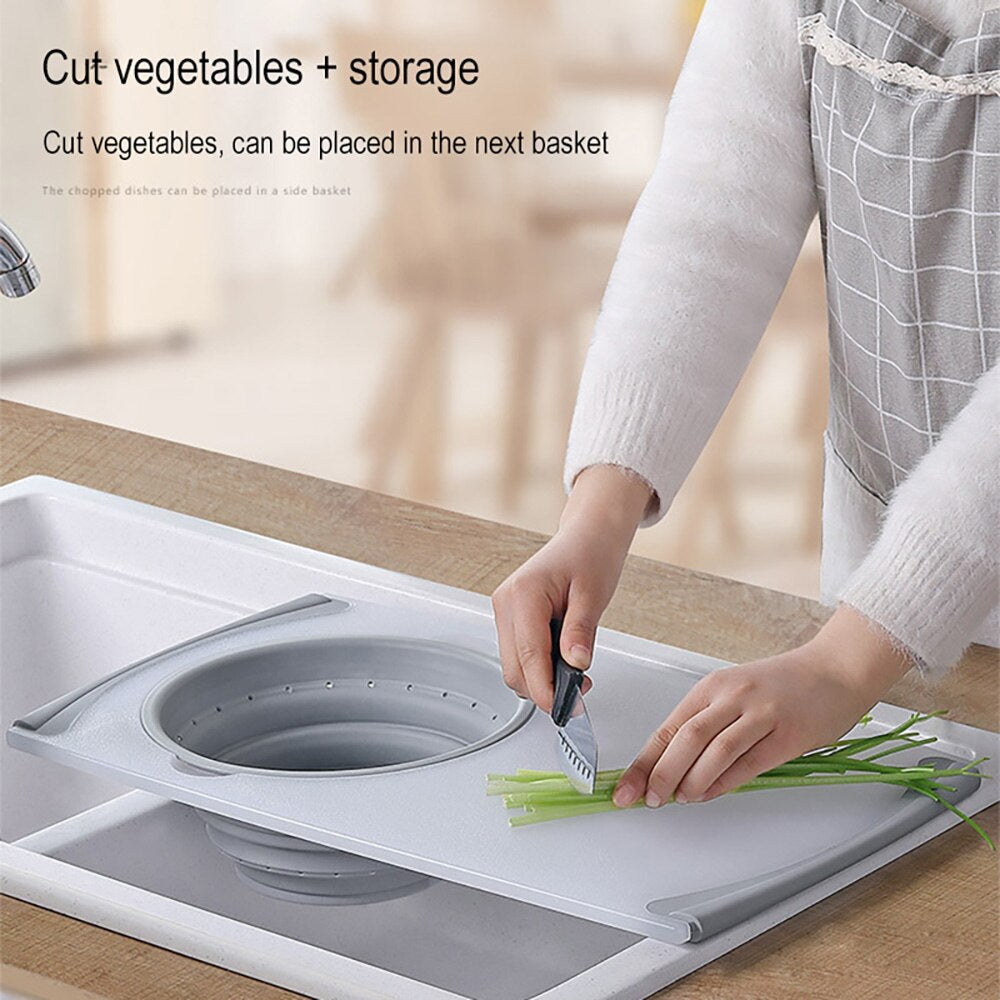 Multi-Functional Over Sink Chopping Board With Collapsible Colander