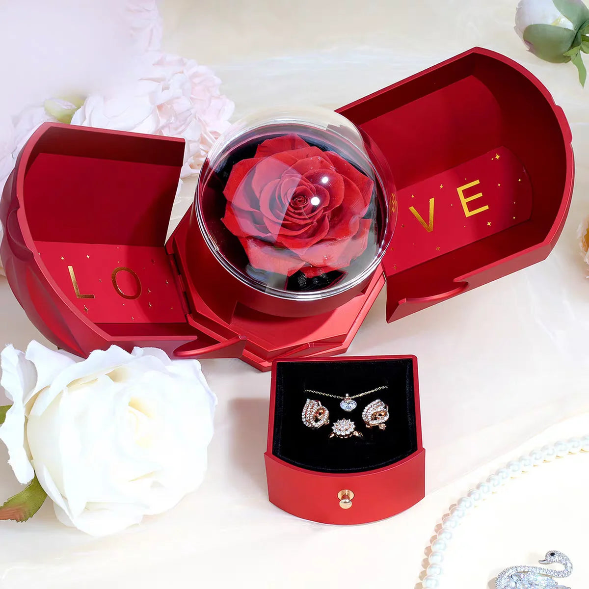 Hexagon Rose Jewelry Box With Hidden Drawer, Valentines Gifts For Her 1005009118366956-Red
