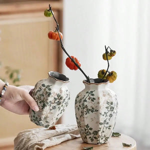 Hexagonal Ceramic Bud Vase With Scalloped Rim Vintage Floral Pattern 1005009013217815-S