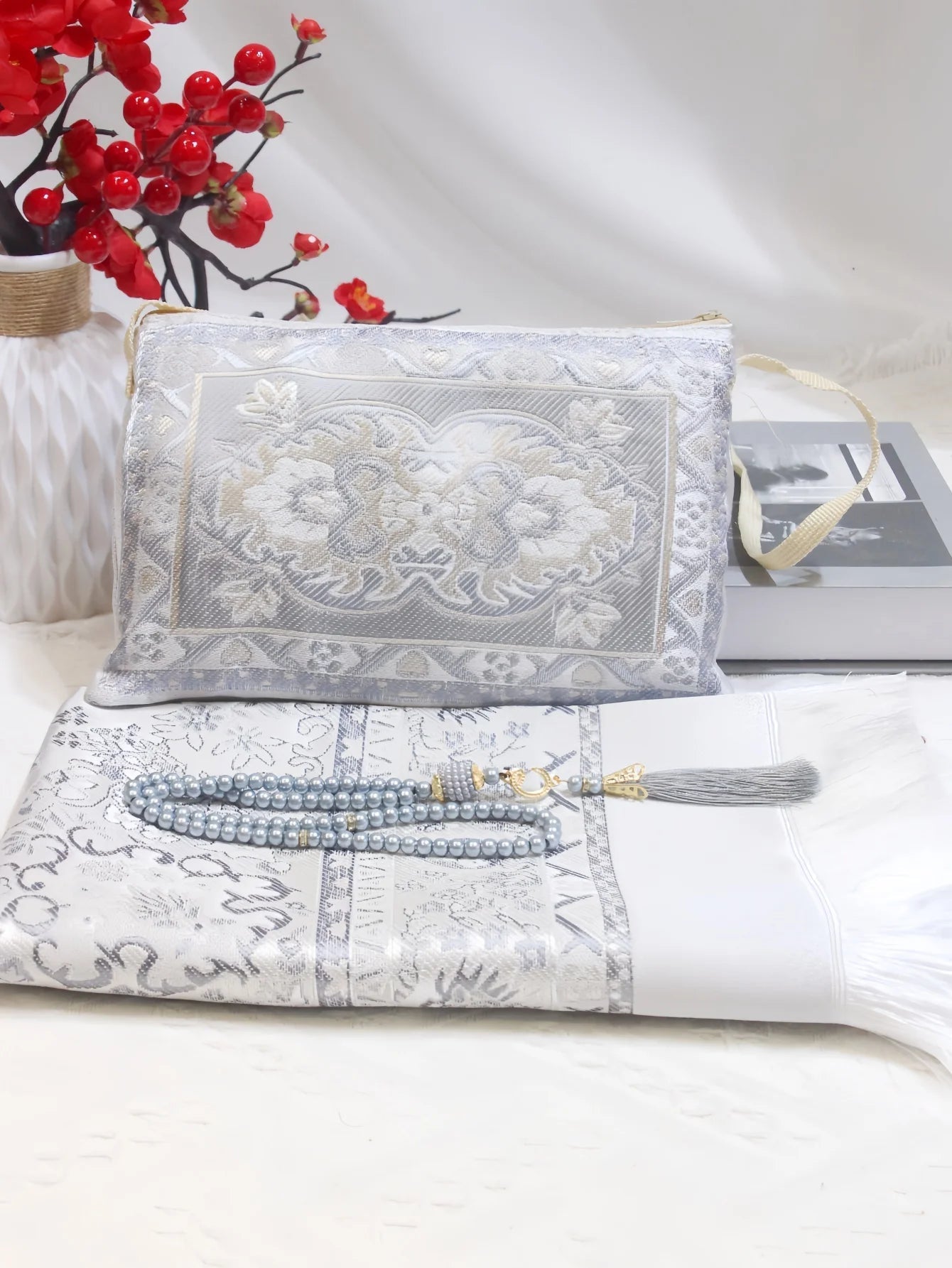 Islamic Prayer Rug Set With Beads And Portable Carry Bag 1005009446550718-grey