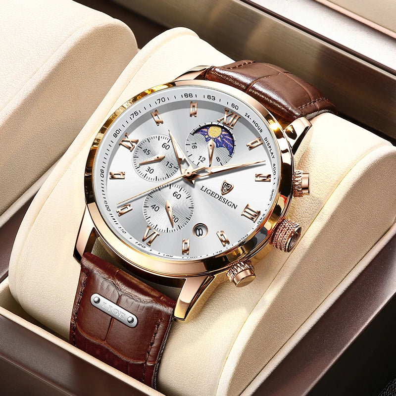 Men Quartz Chronograph Leather Watch, Valentines Gifts For Him With Moon Phase 1005005454693362-gold white