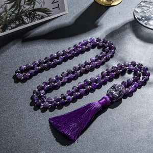 Natural Amethyst 108 Knotted Mala Beads Necklace With Tassel Guru Bead 1005004448207933-al