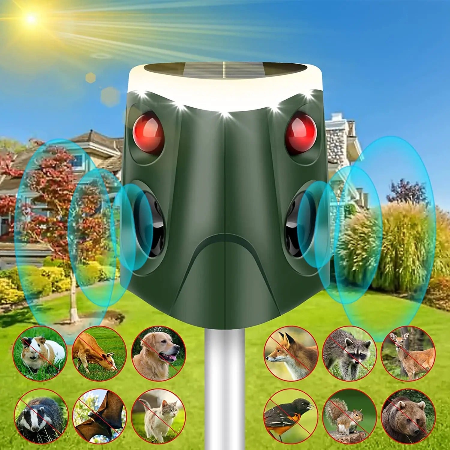 Solar Ultrasonic Animal Repeller for Outdoor Use with Flashing LED Lights, Waterproof Design, and 360° Coverage