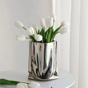 Silver Ruffled Ceramic Porcelain Bag Shape Tabletop Flower Vase Decor 1005005386512399-silver-L