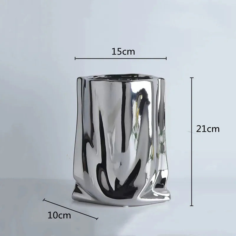 Silver Ruffled Ceramic Porcelain Bag Shape Tabletop Flower Vase Decor 1005005386512399-silver-L