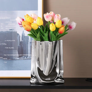 Silver Ruffled Ceramic Porcelain Bag Shape Tabletop Flower Vase Decor 1005005386512399-silver-L