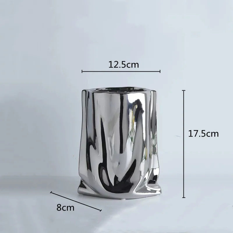 Silver Ruffled Ceramic Porcelain Bag Shape Tabletop Flower Vase Decor 1005005386512399-silver-L