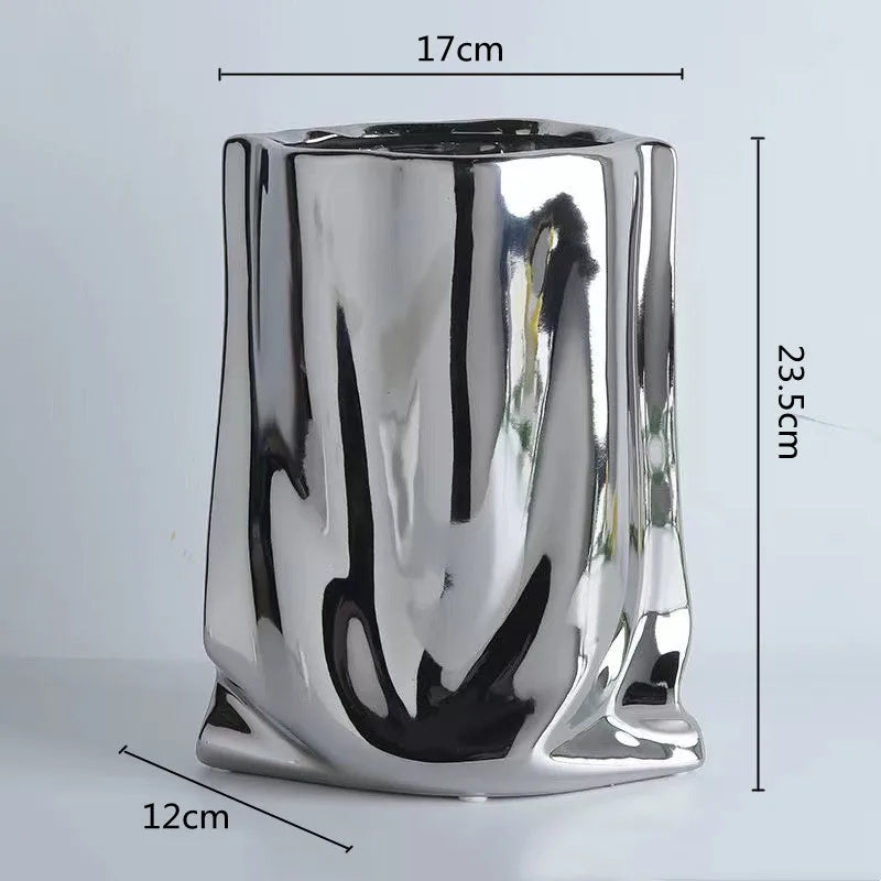 Silver Ruffled Ceramic Porcelain Bag Shape Tabletop Flower Vase Decor 1005005386512399-silver-L