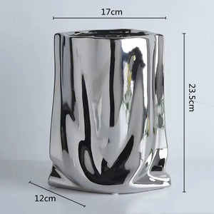 Silver Ruffled Ceramic Porcelain Bag Shape Tabletop Flower Vase Decor 1005005386512399-silver-L