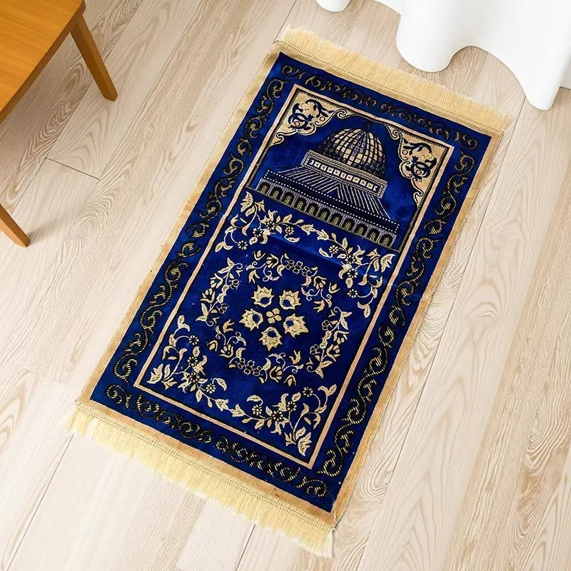 Velvet Floral Prayer Rug Thick Soft Anti Slip Cotton Travel Mat 1005010560350345-Blue