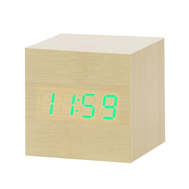 LED Wooden Table Alarm Clock With Voice Control