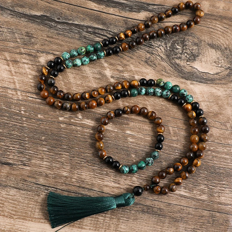 108 Bead Mala Necklace With Tassel Tiger Eye Onyx Turquoise 1005002093814530-Knotted Set