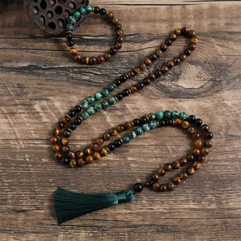 108 Bead Mala Necklace With Tassel Tiger Eye Onyx Turquoise 1005002093814530-Knotted Set