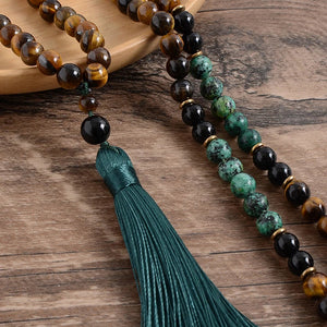 108 Bead Mala Necklace With Tassel Tiger Eye Onyx Turquoise 1005002093814530-Knotted Set