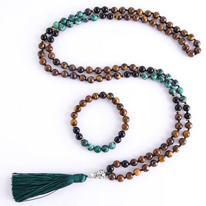 108 Bead Mala Necklace With Tassel Tiger Eye Onyx Turquoise 1005002093814530-Knotted Set