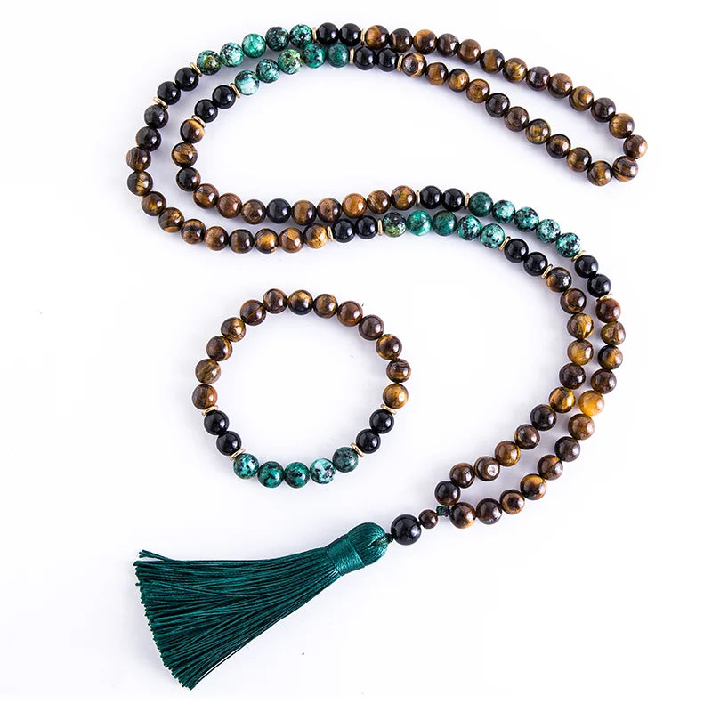 108 Bead Mala Necklace With Tassel Tiger Eye Onyx Turquoise 1005002093814530-Knotted Set