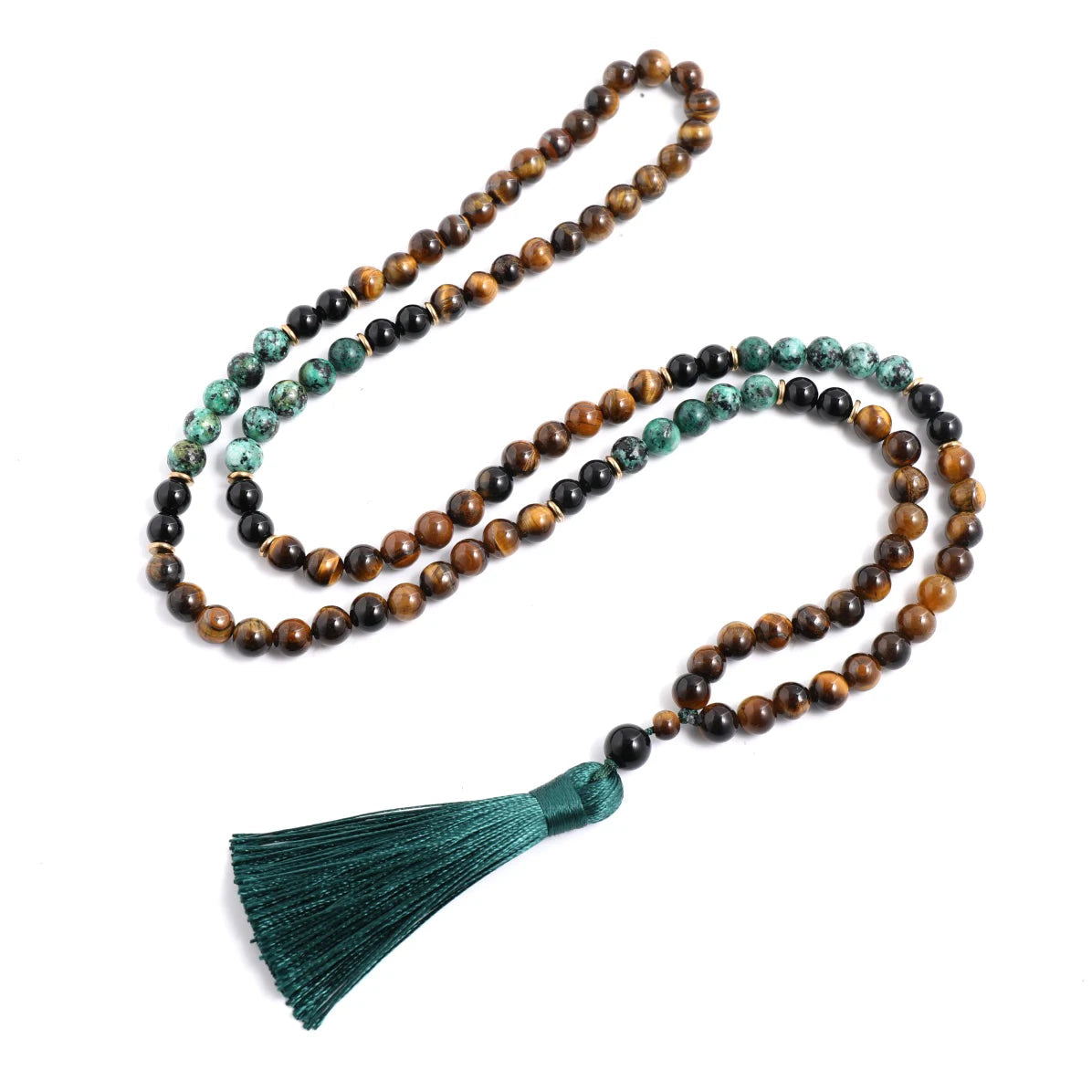 108 Bead Mala Necklace With Tassel Tiger Eye Onyx Turquoise 1005002093814530-Knotted Set