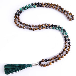 108 Bead Mala Necklace With Tassel Tiger Eye Onyx Turquoise 1005002093814530-Knotted Set