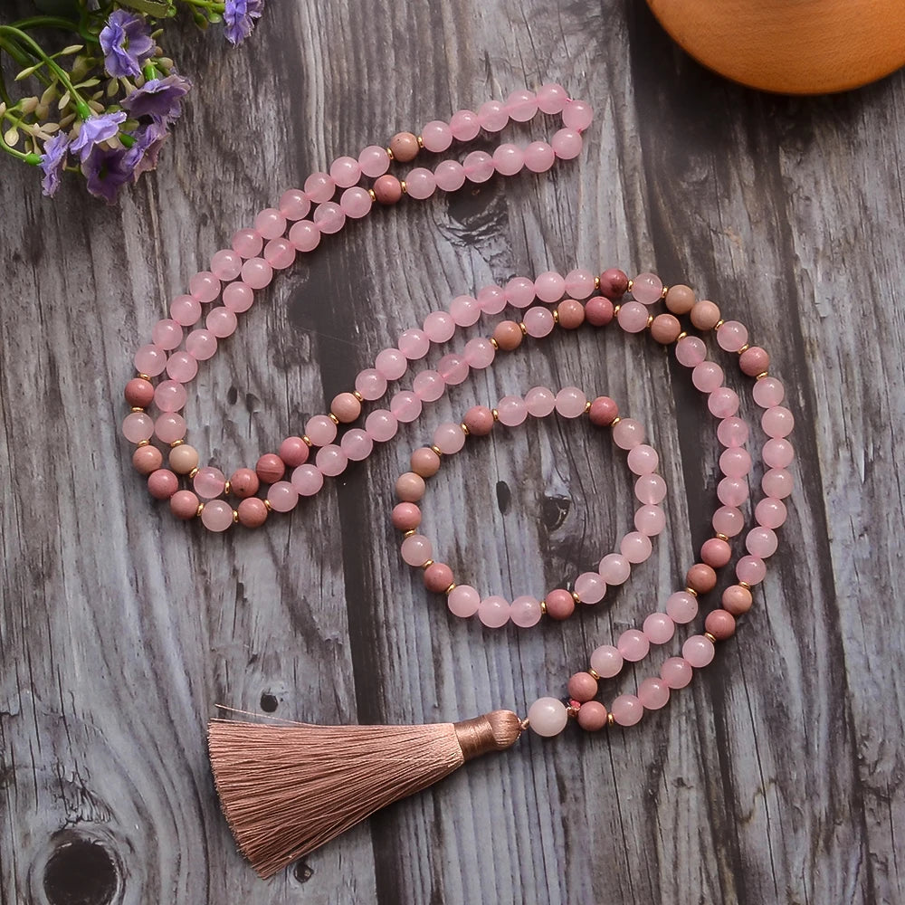 108 Bead Rose Quartz Stone Mala Necklace With Tassel Bracelet Set 1005005107013790-Set