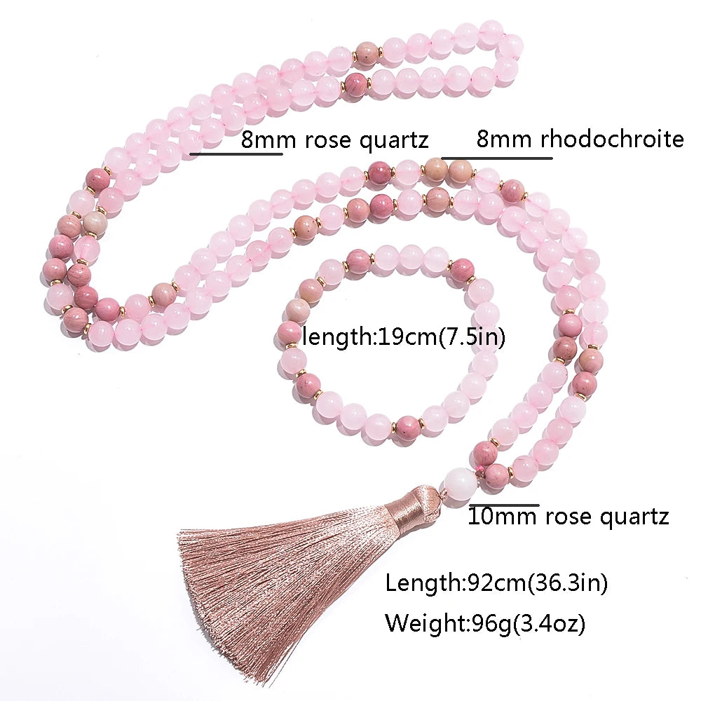 108 Bead Rose Quartz Stone Mala Necklace With Tassel Bracelet Set 1005005107013790-Set