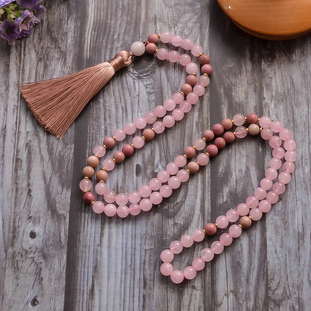 108 Bead Rose Quartz Stone Mala Necklace With Tassel Bracelet Set 1005005107013790-Set