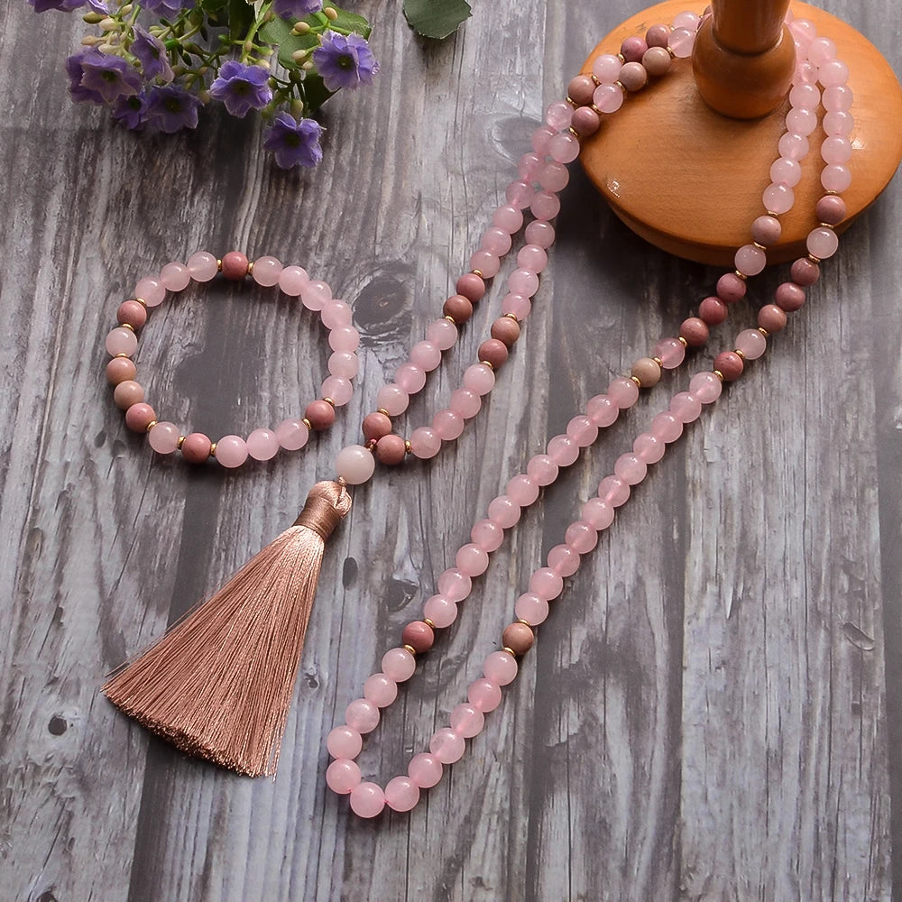 108 Bead Rose Quartz Stone Mala Necklace With Tassel Bracelet Set 1005005107013790-Set