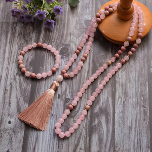 108 Bead Rose Quartz Stone Mala Necklace With Tassel Bracelet Set 1005005107013790-Set