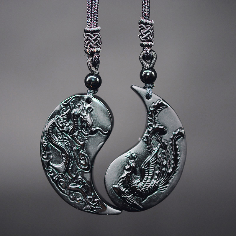 Dragon And Phoenix Yin Yang Obsidian Necklace