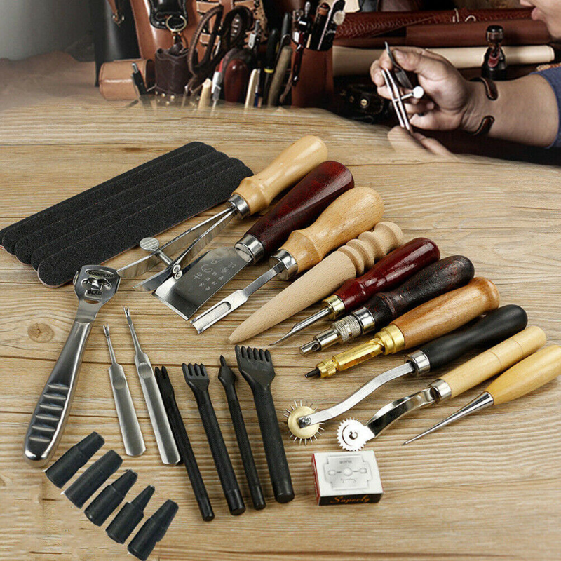 18-Piece Leather Craft Tools Kit - Leather Working Tools for Beginners - DIY Leather Working Essentials