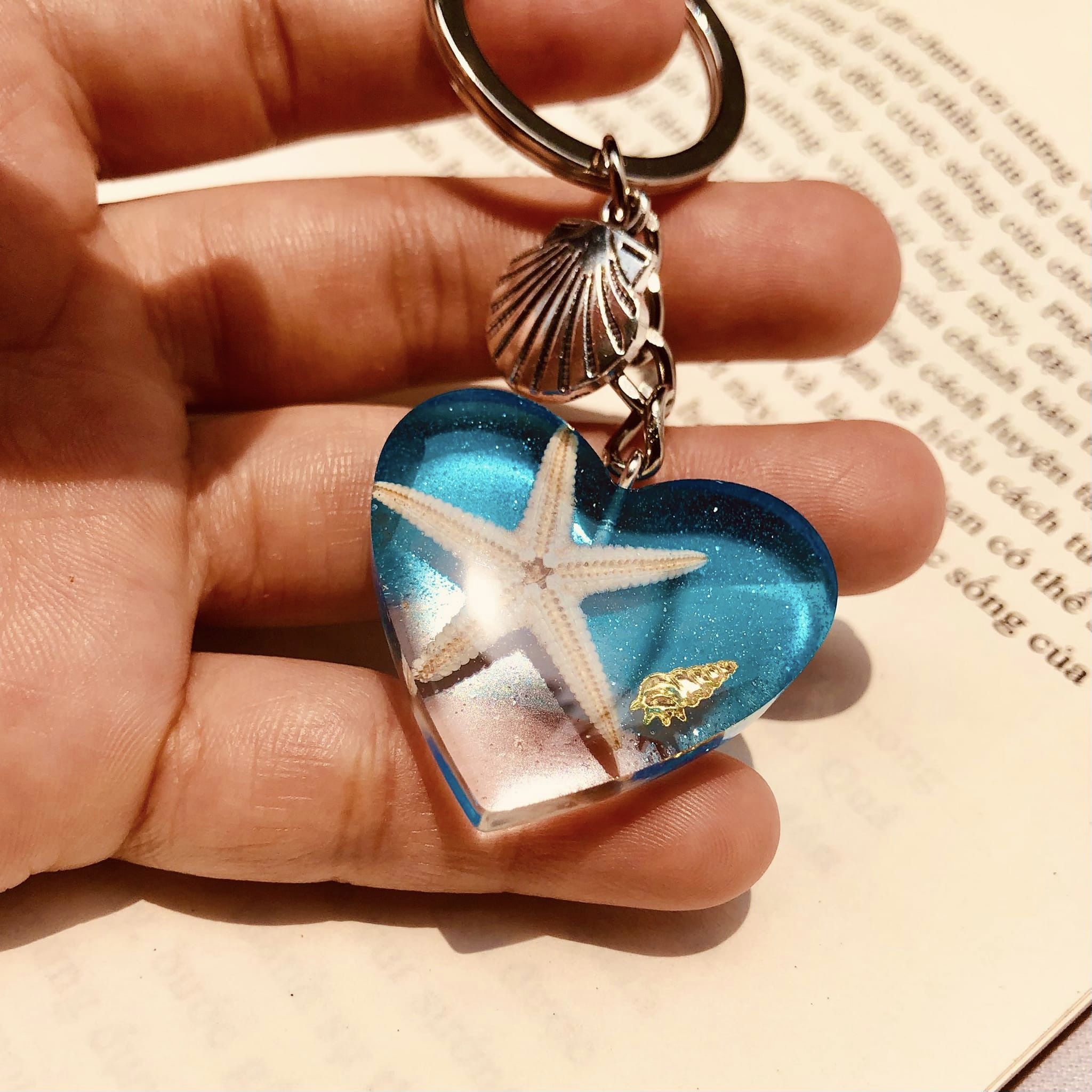 Hand-Made Heart Keychain With Real Snails And Starfish