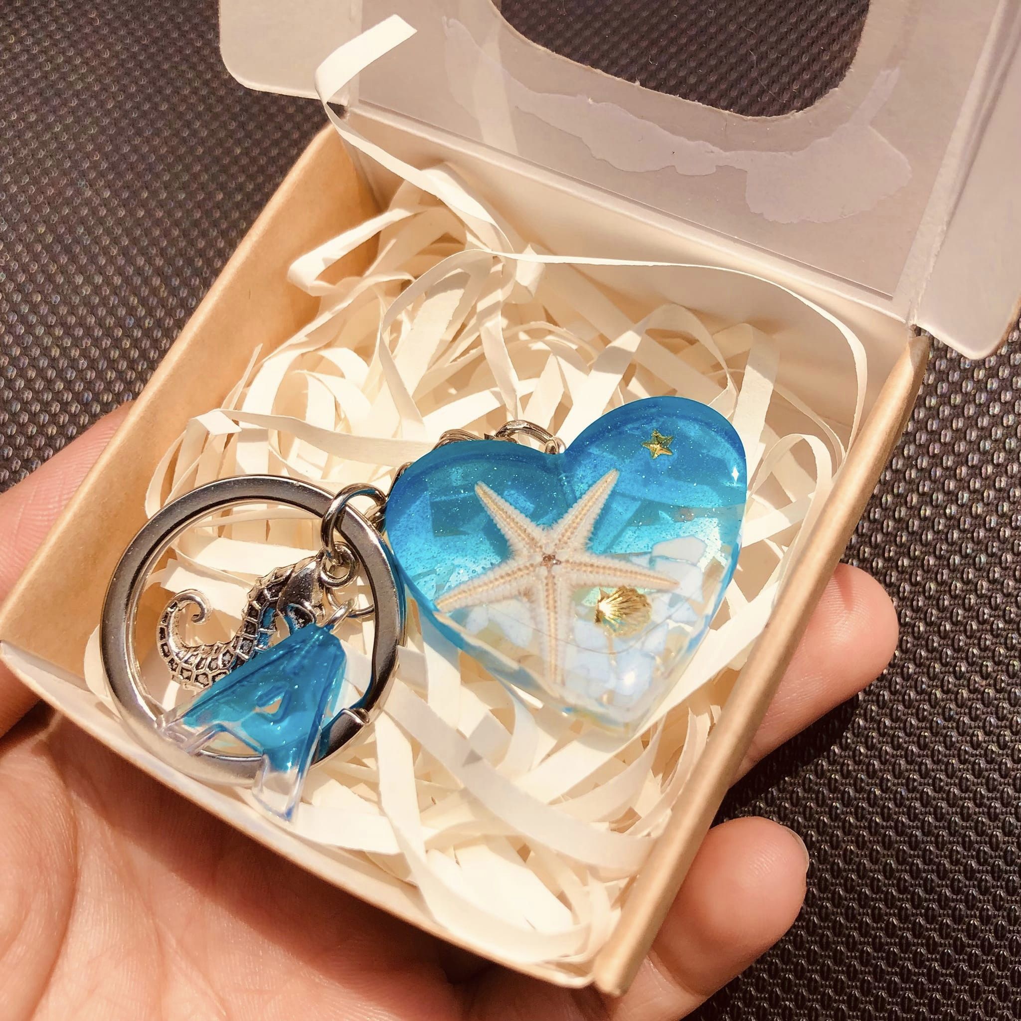 Hand-Made Heart Keychain With Real Snails And Starfish