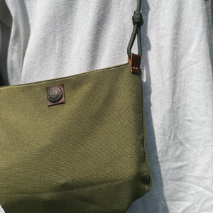 Hand-Made Green Canvas Crossbody Bag With Brown Leather Strap