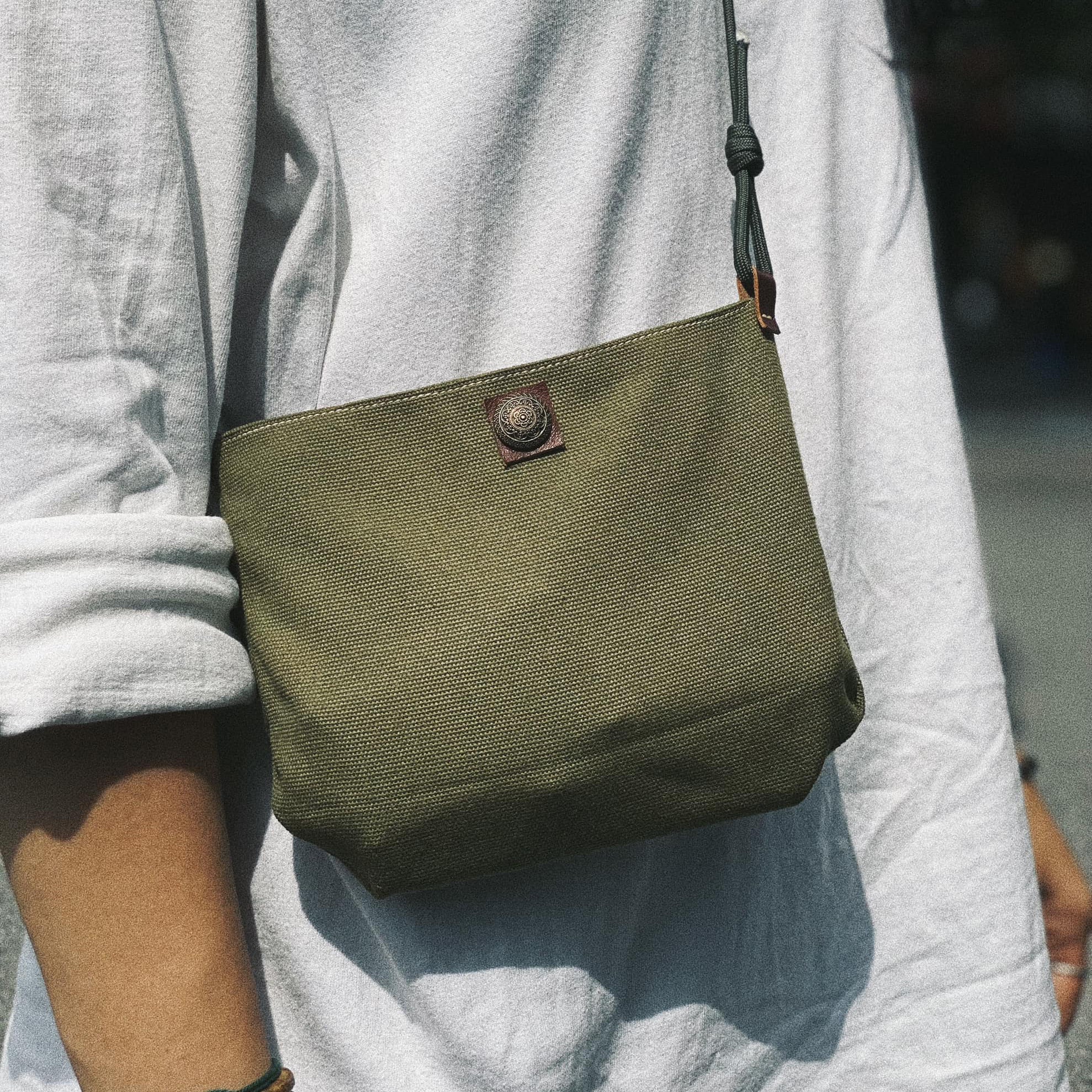 Hand-Made Green Canvas Crossbody Bag With Brown Leather Strap