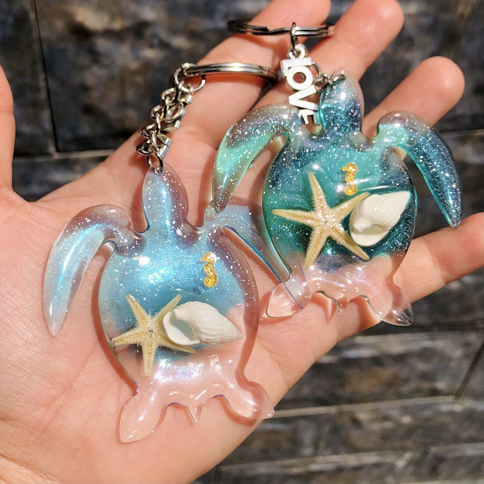 Handmade Sea Turtle Keychain With Snails And Starfish