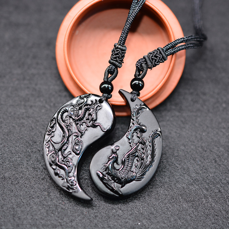 Dragon And Phoenix Yin Yang Obsidian Necklace