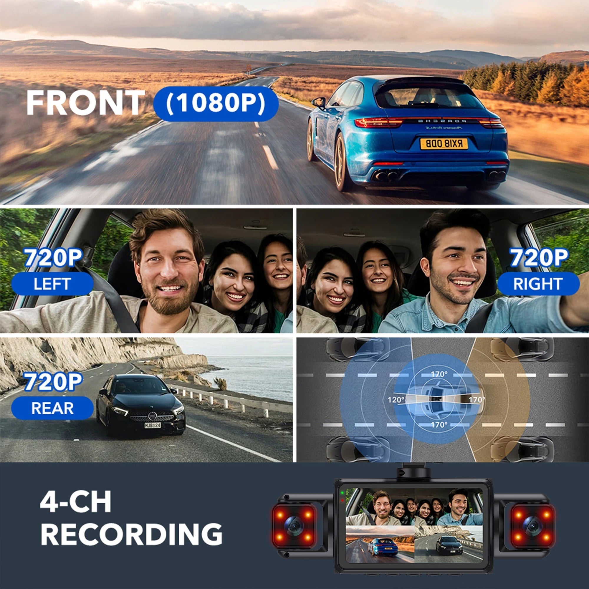 4 Channel Wifi Dash Cam 1080P With Night Vision Recording 1005009230511909-Hardwire kit-64G Card