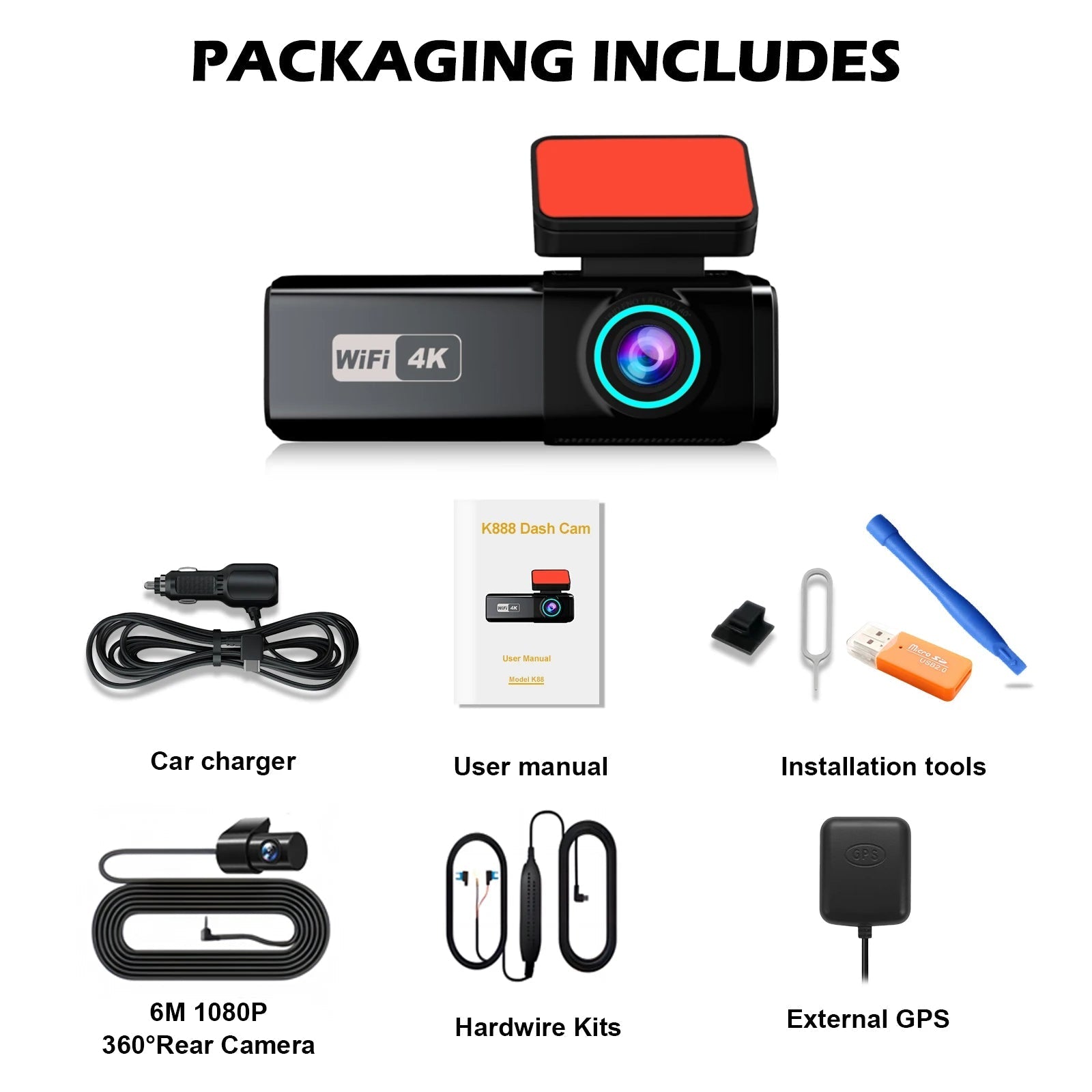4K Wifi Dual Lens Dash Cam With Night Vision Parking Monitor 1005008032935513-With RC HK GPS-None