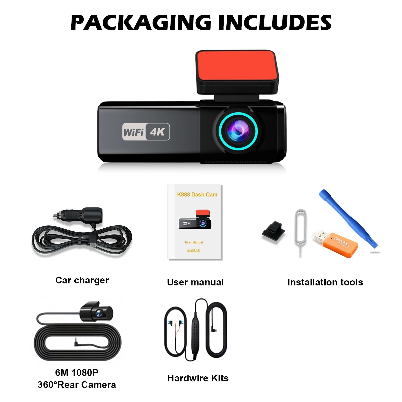 4K Wifi Dual Lens Dash Cam With Night Vision Parking Monitor 1005008032935513-With RC HK GPS-None