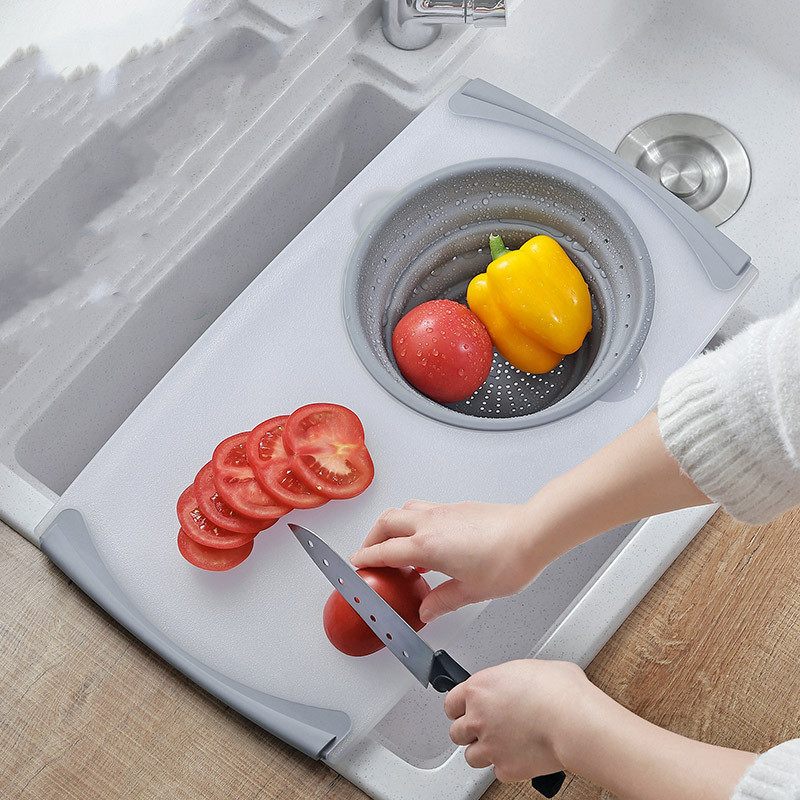 Multi-Functional Over Sink Chopping Board With Collapsible Colander